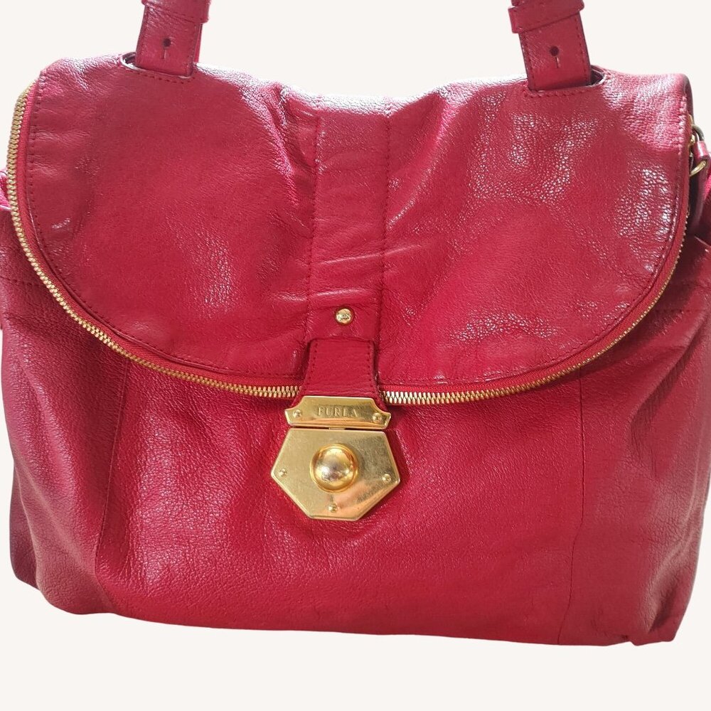 Furla Magenta Leather Hobo Handbag Satchel Gold Accents Lined Interior